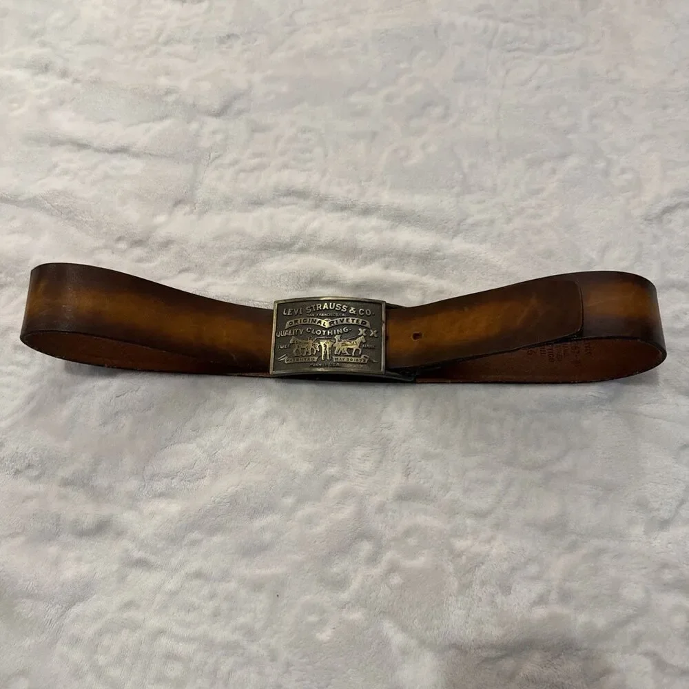 70s LEVIS Strauss Belt & Buckle 36 Tan Brass Hand Stained Latigo Leather 2 Horse